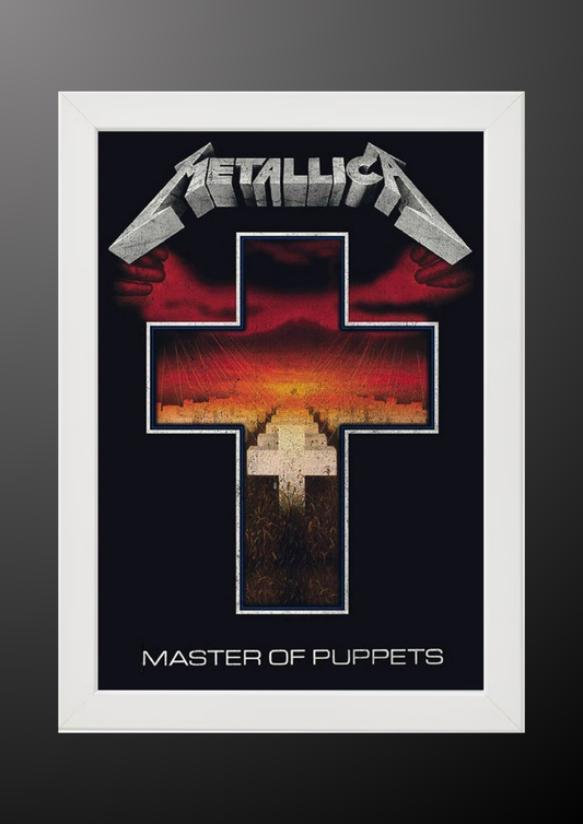 Metallica 'Master of Puppets' album cover with cross design on a black background